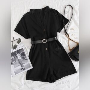 SHEIN LUNE Button Front Batwing Sleeve Romper Without Belt